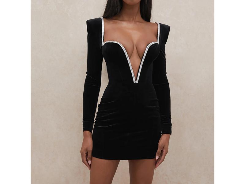 Mini Φόρεμα Velvet με Βαθύ Ντεκολτέ και Στρας