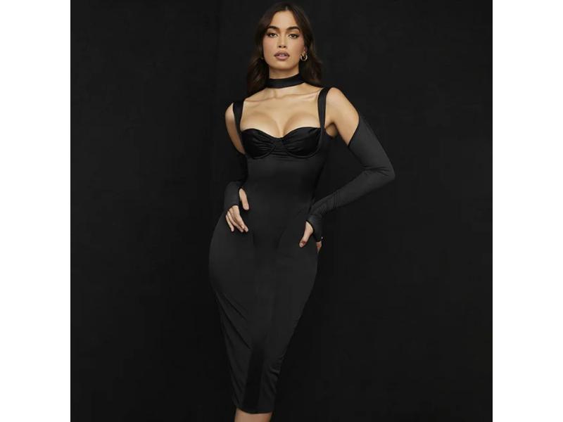 Μίντι Φόρεμα Satin με Γάντια και Λαιμό Choker