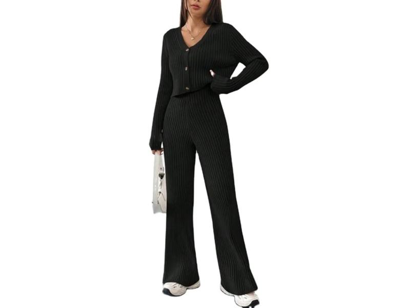 Πλεκτό Σετ Ribbed με Ζακέτα και Παντελόνι