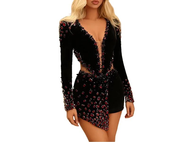 Mini Βελούδινο Φόρεμα με Κόκκινες Πέτρες