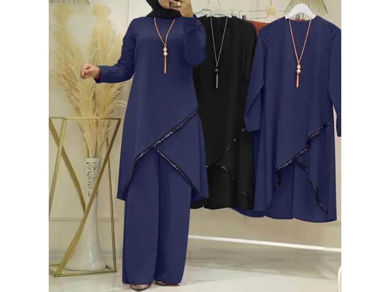 Σετ Ασύμμετρη Μπλούζα με Διακοσμητικό Τελείωμα και Παντελόνι