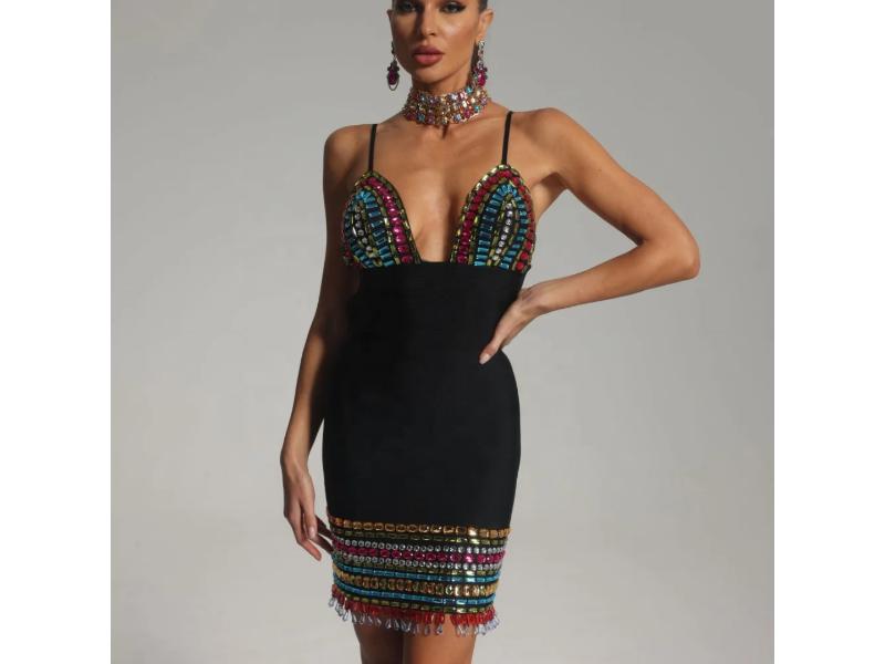 Mini Φόρεμα με Τιράντες και Πολύχρωμα Κρύσταλλα