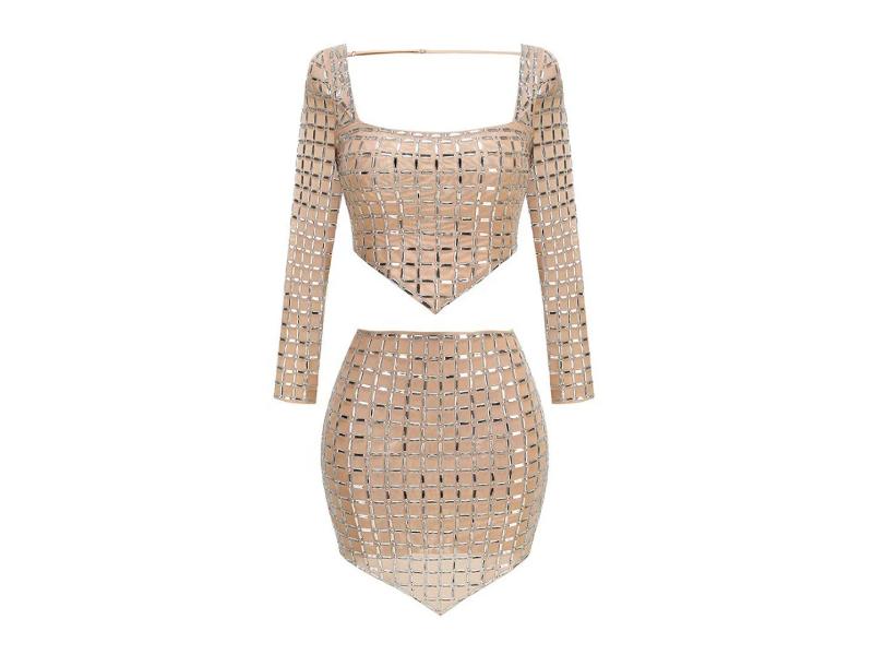 Σετ Nude με Τετράγωνα Κρύσταλλα και Μακρύ Μανίκι