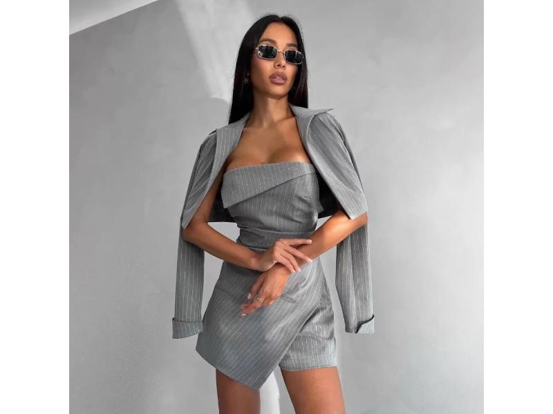 Γκρι Strapless Jumpsuit με Blazer Εφέ