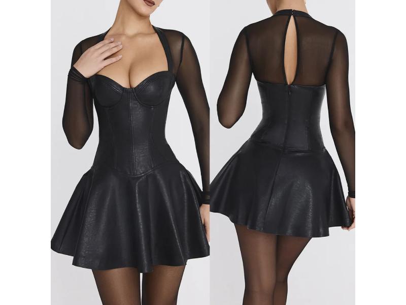 Mini Φόρεμα με Δερμάτινη Όψη και Διαφανή Μανίκια