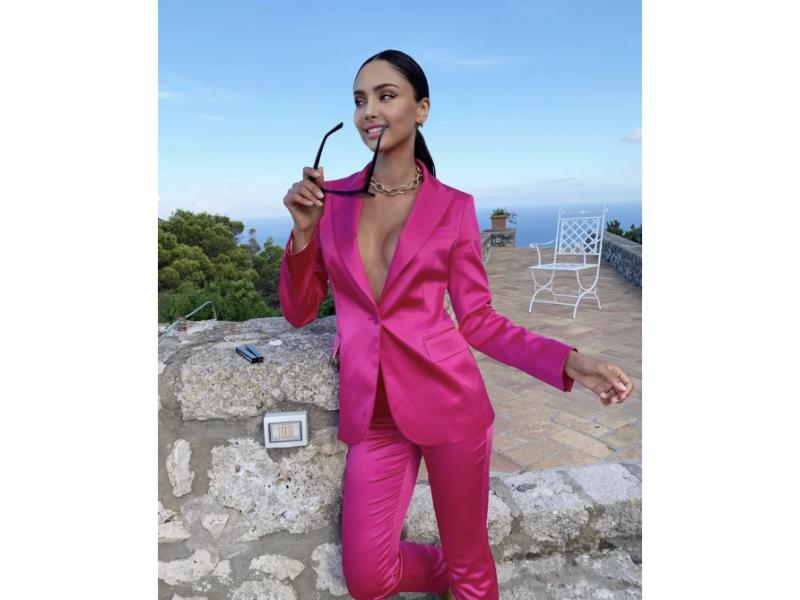 Φούξια Σατέν Κοστούμι με Σακάκι και Παντελόνι