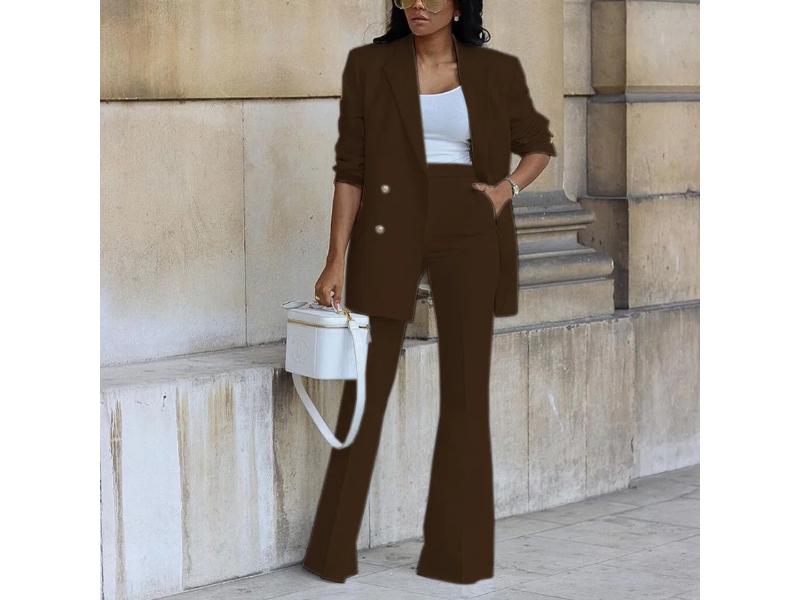 Καφέ Σετ Blazer με Κουμπιά και Παντελόνι Καμπάνα
