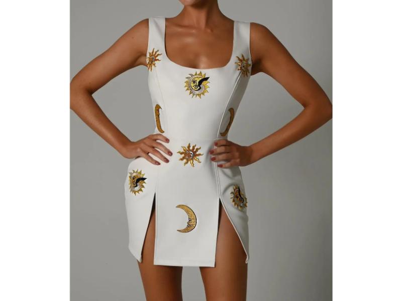 Λευκό Μίνι Φόρεμα με Celestial Σχέδια