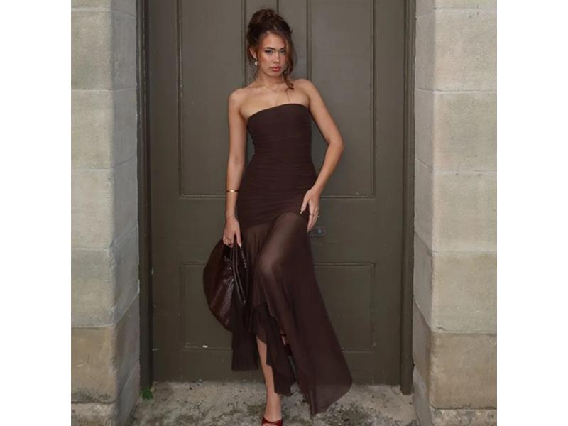 Καφέ Maxi Strapless Φόρεμα με Διάφανη Φούστα
