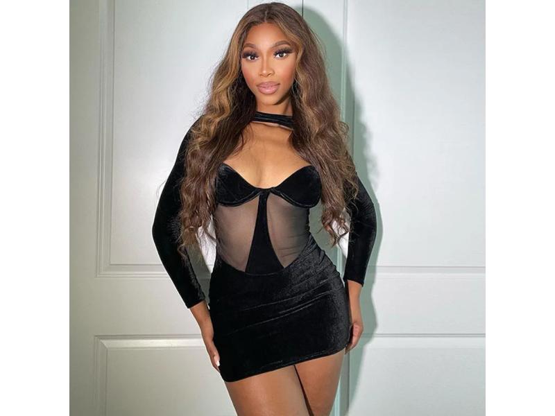 Mini Φόρεμα με Διάφανη Μέση και Μακριά Μανίκια Μαύρο