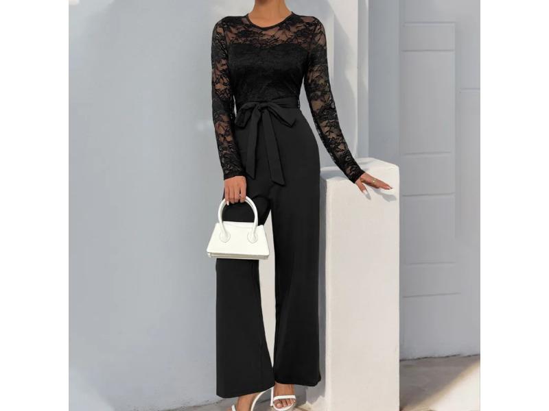 Ολόσωμη Δαντελωτή Φόρμα με Ζώνη Μαύρη