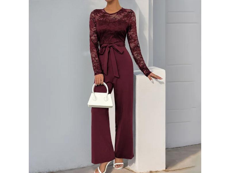 Ολόσωμη Δαντελωτή Φόρμα με Ζώνη Μπορντό