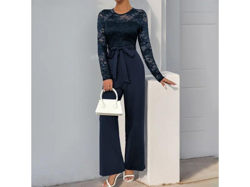 Ολόσωμη Δαντελωτή Φόρμα με Ζώνη Μπλε