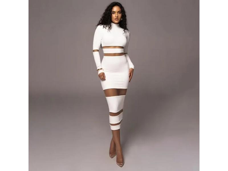 Midi Φόρεμα με Διαφάνειες και Μακριά Μανίκια