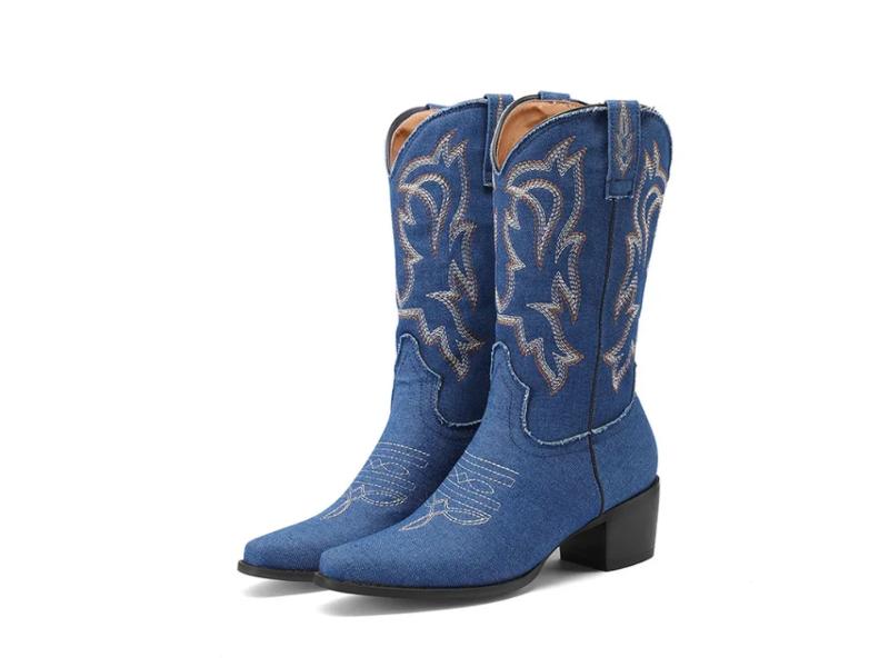 Μπότα Τακουνιού Western με Κέντημα Σκούρο Μπλε