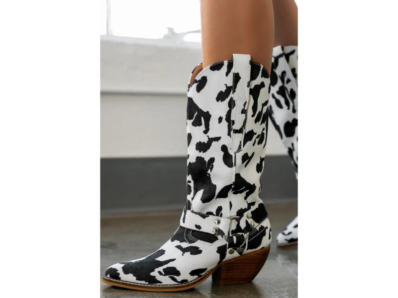 Μπότα Τακουνιού Western Cow Print Μαύρο Λευκό
