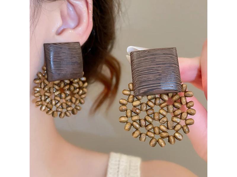 Σκουλαρίκια Wooden Round Drop Brown