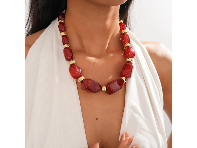 Κολιέ Statement Κόκκινο με Μεγάλες Λαμπερές Χάντρες
