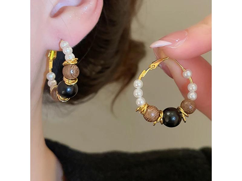 Σκουλαρίκια Wooden Pearl Hoops