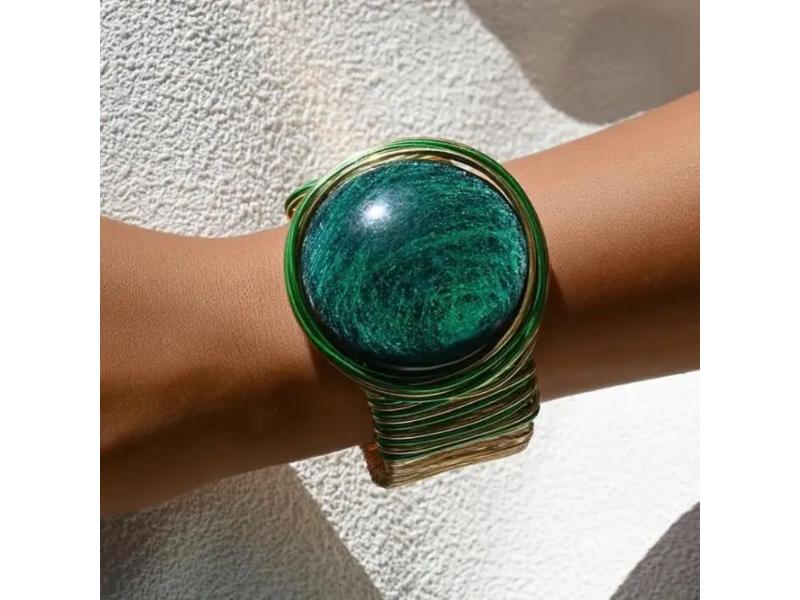 Βραχιόλι Round Stone Wire Cuff Green