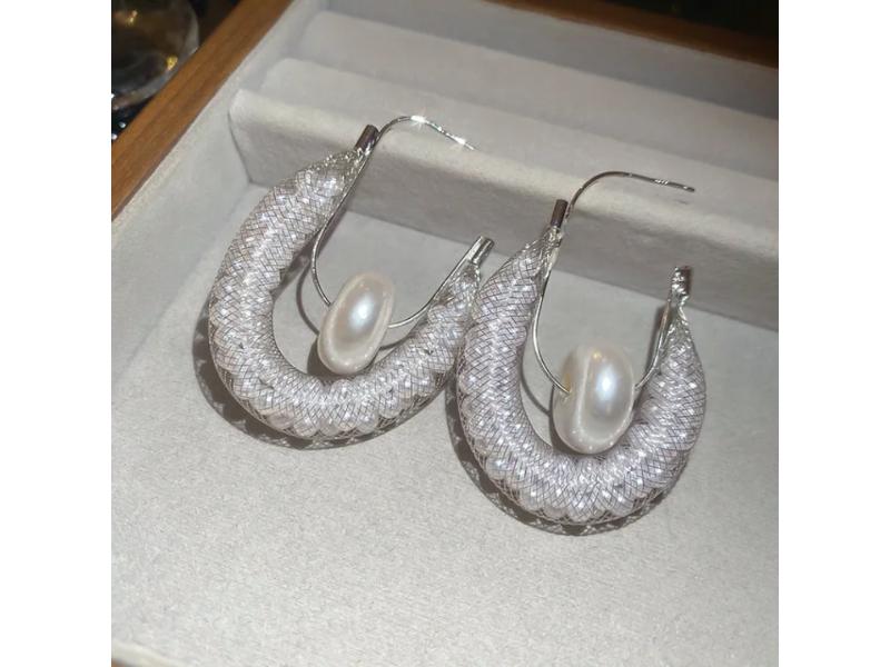 Σκουλαρίκια Silver Woven Oval με Πέρλα