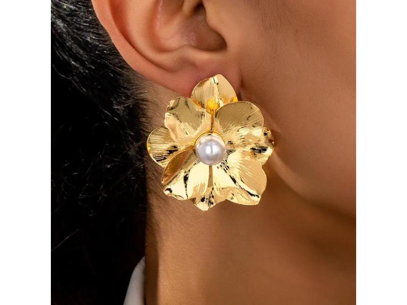 Χρυσά Σκουλαρίκια Λουλούδι με Πέρλα
