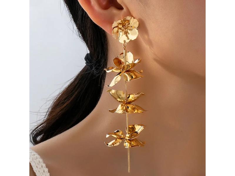 Χρυσά Μακριά Multi Flower Earrings