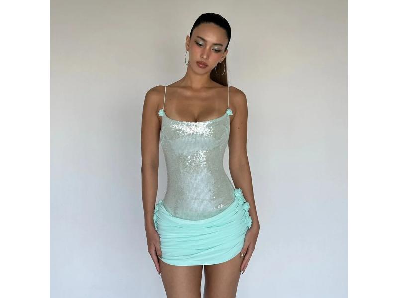 Mint Sequin Drape Mini Dress