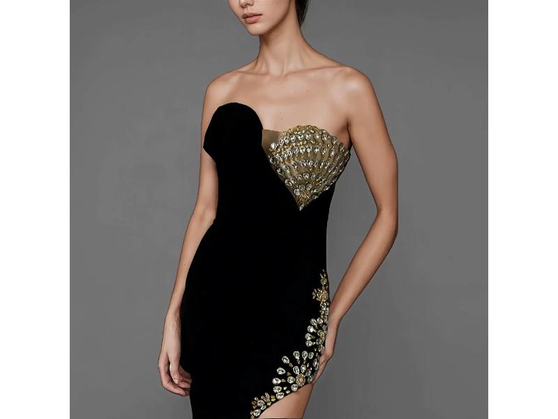 Maxi Φόρεμα Strapless με Χρυσά Κρύσταλλα