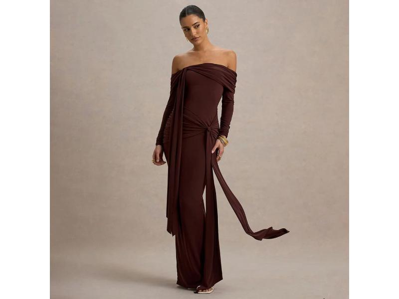 Maxi Καφέ Φόρεμα Off Shoulder με Ντραπέ