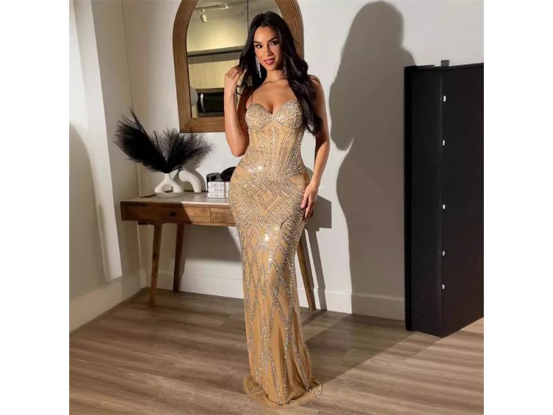 Maxi Χρυσό Φόρεμα Κορσέ με Strass