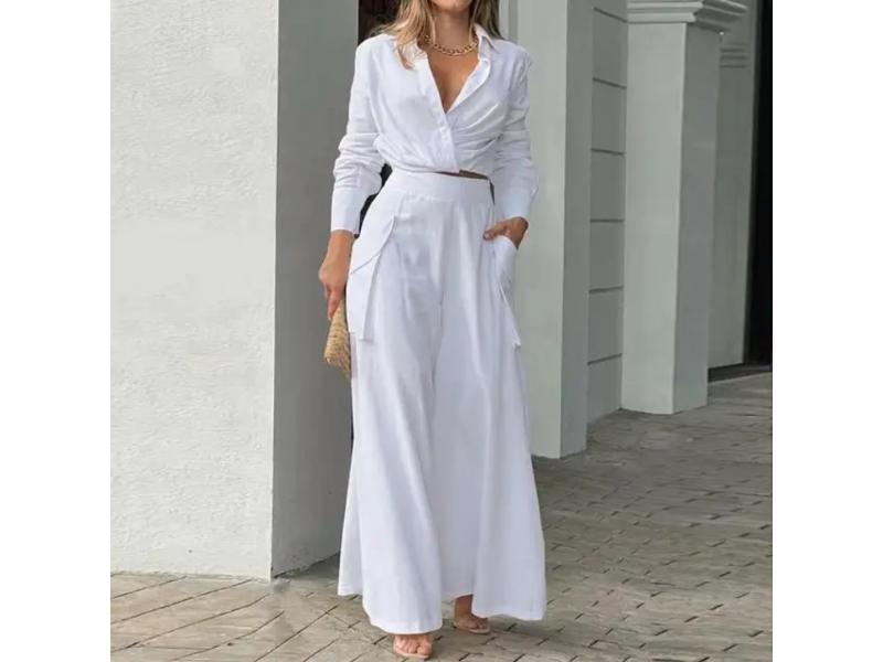 Σετ Πουκάμισο Με Κρουαζέ Δέσιμο Και Παντελόνα Wide Leg White