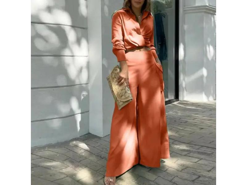 Σετ Πουκάμισο Με Κρουαζέ Δέσιμο Και Παντελόνα Wide Leg Orange