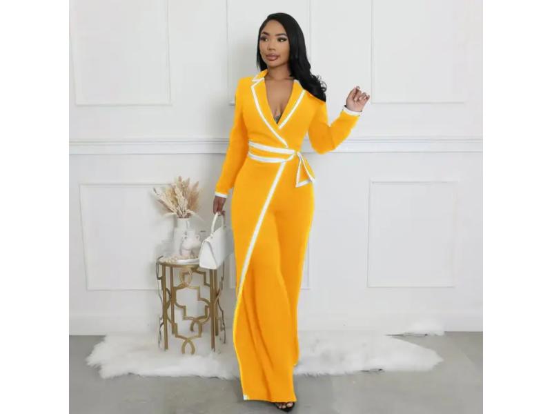 Σετ Blazer Με Ζώνη Και Wide Leg Παντελόνα Yellow