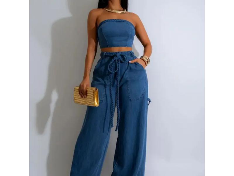 Σετ Denim Με Strapless Top Και Wide Παντελόνα Blue