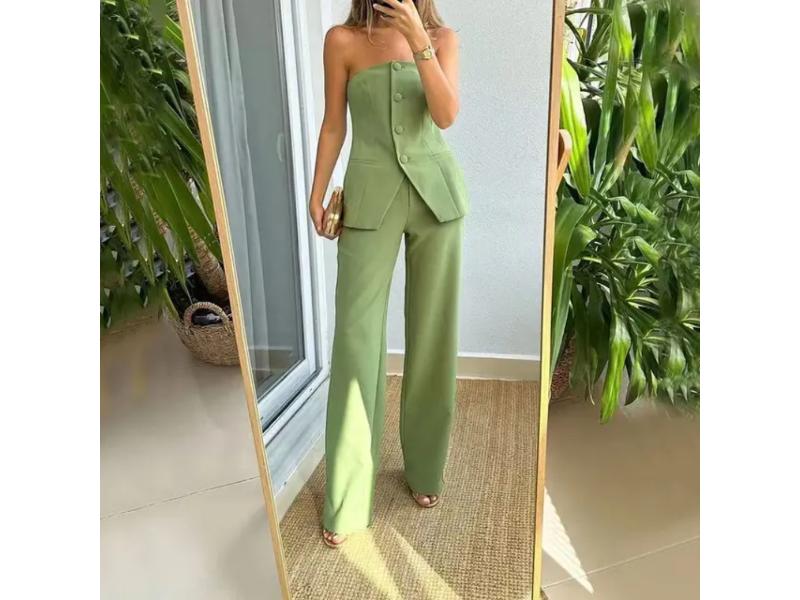 Στράπλες Tailored Σετ Με Γιλέκο Και Παντελόνα Green