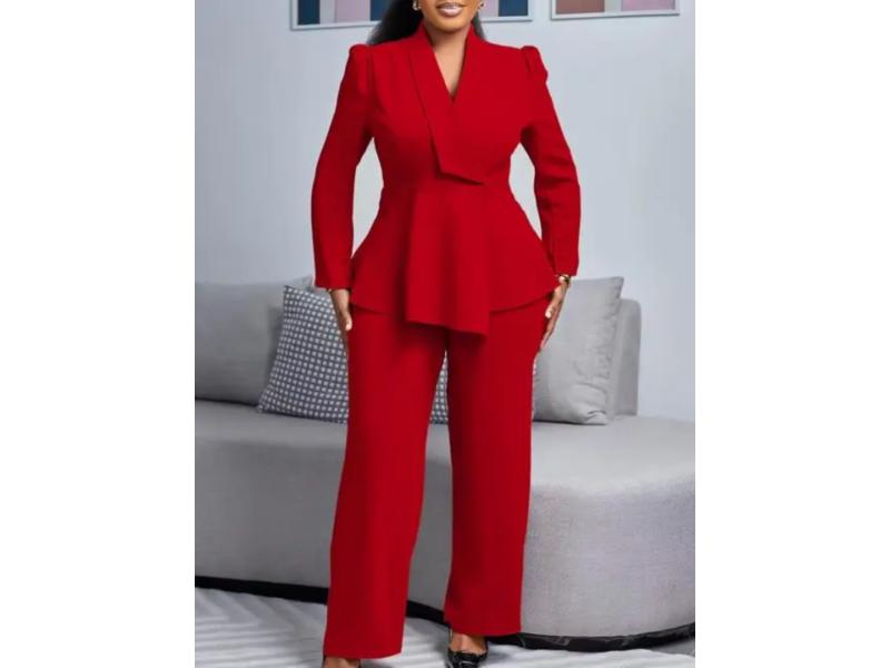 Σετ Κομψό Με Peplum Σακάκι Και Παντελόνα Κόκκινο