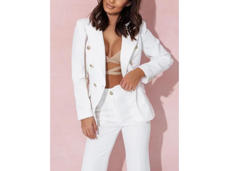 Σετ Κομψό Με Peplum Σακάκι Και Παντελόνα Λευκό