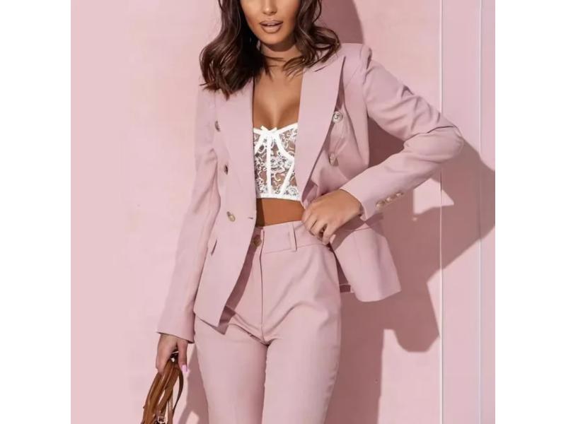 Σετ Κομψό Με Peplum Σακάκι Και Παντελόνα Ροζ