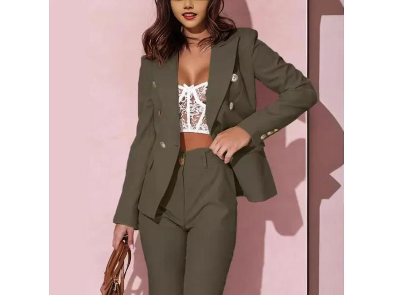 Σετ Κομψό Με Διπλόκουμπο Σακάκι Και Παντελόνα Olive