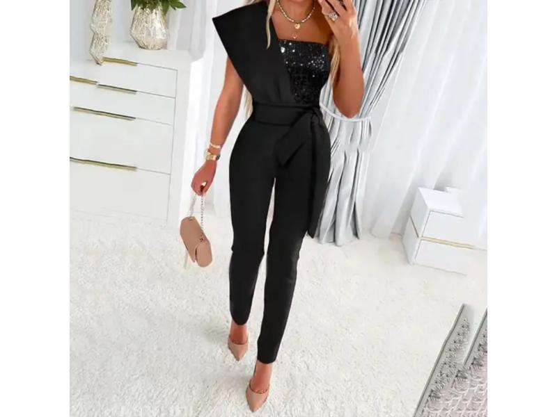 Ολόσωμη Φόρμα One Shoulder Με Παγιέτα Μαύρη