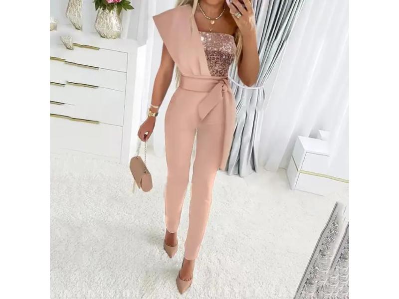 Ολόσωμη Φόρμα One Shoulder Με Παγιέτα Nude