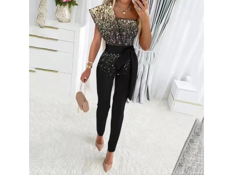 Ολόσωμη Φόρμα One Shoulder Με Παγιέτα Μαύρο Χρυσό