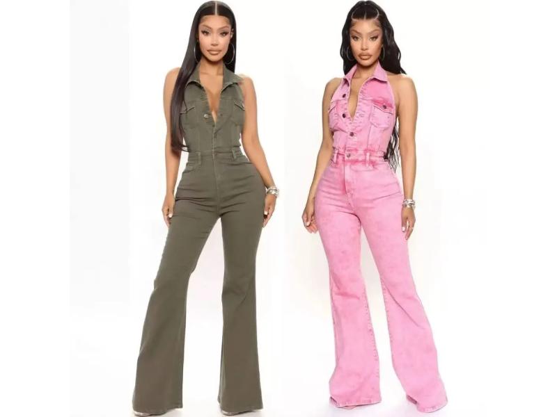 Ολόσωμη Τζιν Φόρμα Αμάνικη Με Καμπάνα Pink