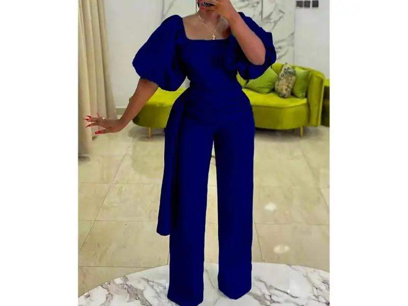 Ολόσωμη Φόρμα Με Puff Μανίκια Και Ζώνη Blue