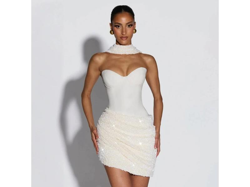 Mini Φόρεμα Corset Με Παγιέτα Και Scarf White