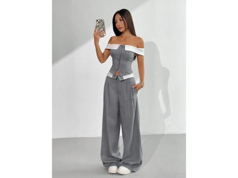 Σετ Παντελόνα Με Off Shoulder Τοπ Grey