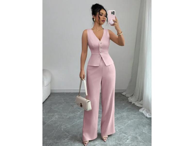 Σετ Γιλέκο Με Παντελόνα Wide Leg Pink