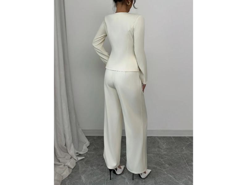 Σετ Μακρυμάνικο Σακάκι Με Παντελόνα Wide Leg Cream