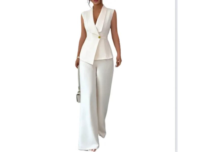 Σετ Αμάνικο Σακάκι Με Παντελόνα Wide Leg Cream